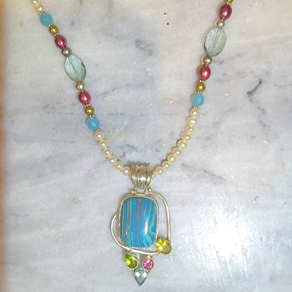 Artisan Pearl Rainbow Calsilica Topaz Tourmaline Sterling Necklace 18" Earrings - Picture 7 of 9